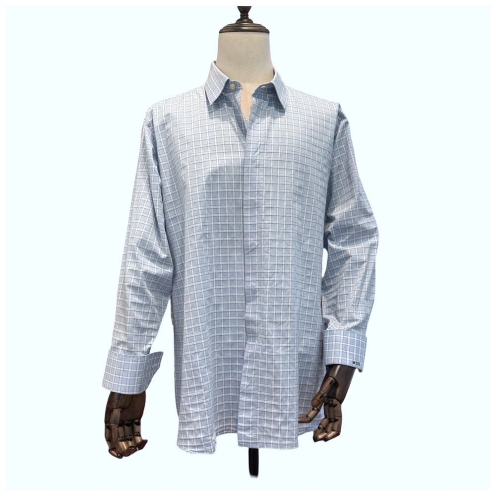 Tom James Men’s French Cuff Dress Shirt. Blue, White. 17”